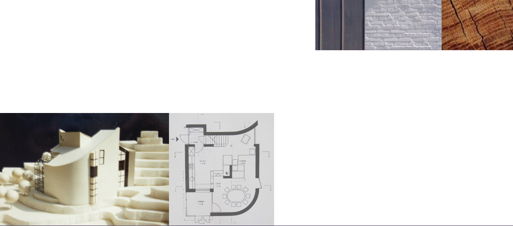 modellfoto, Material und Grundriss eines Ferienhauses.