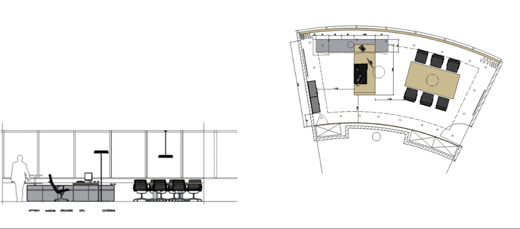 Grundriss und Ansicht eines Vorstandsbüros.