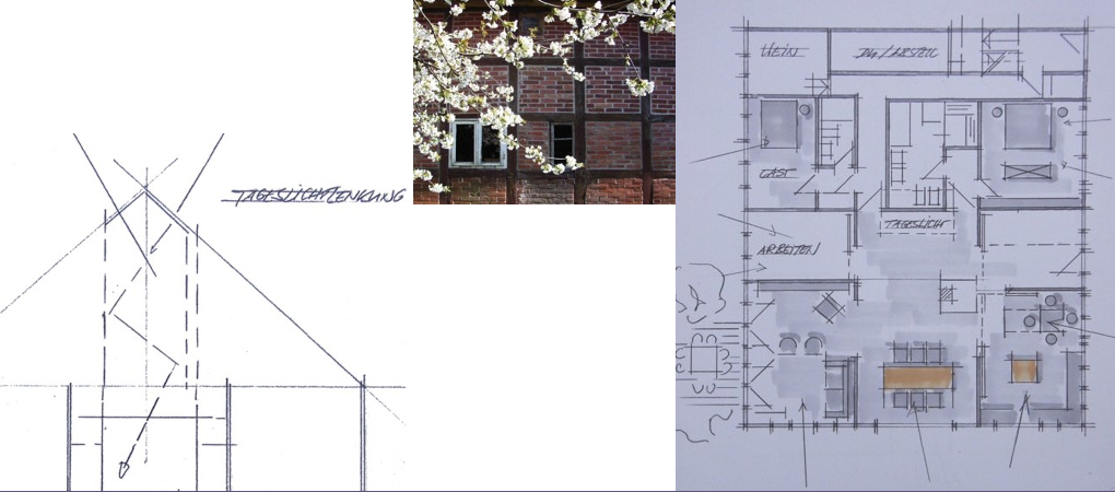grundriss und skizze Tageslichtlenkung eines Fachwerkhauses.
