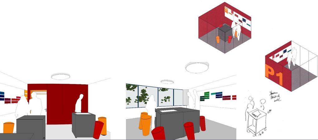 foto und skizzen eines Meetingraumes.