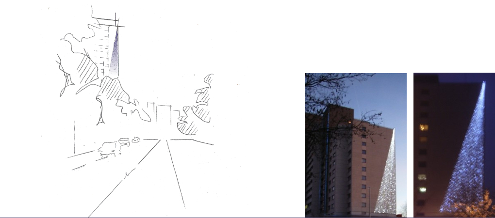 zeichnungen und fotos eines Hochhauses mit dreieckiger Fassadenbeleuchtung.