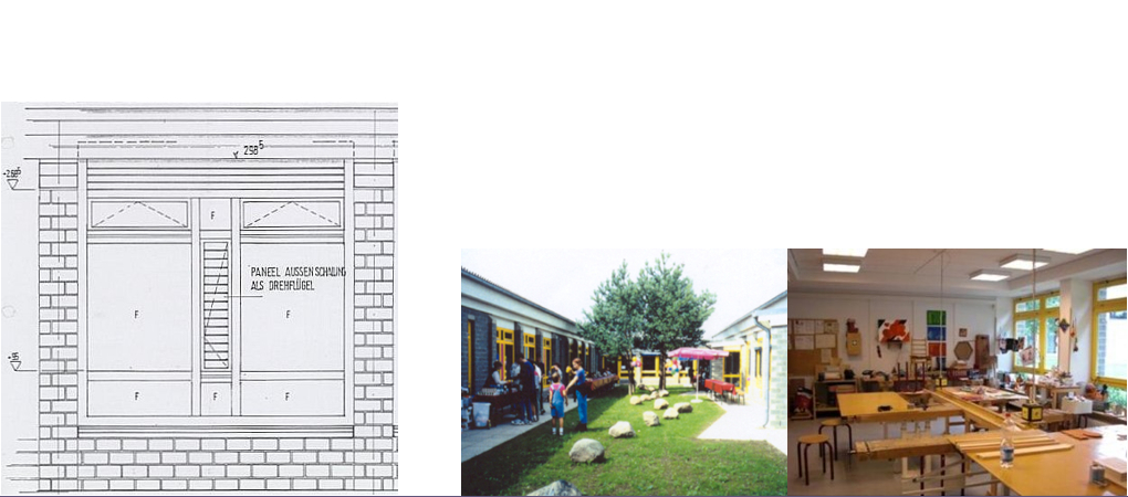 Fotos Schule und Detailzeichnung Fenster.