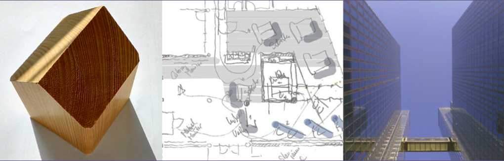 hochhaus, holzhäuschen und grundrissskizze.