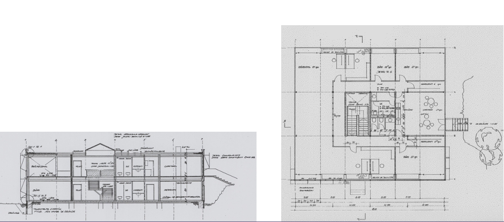 Grundriss und Schnitt eines Bürogebäudes.