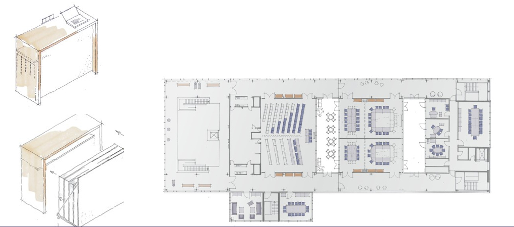 Möblierungsplan und Zeichnung Stehtisch als Stauraum für Staffeltische.